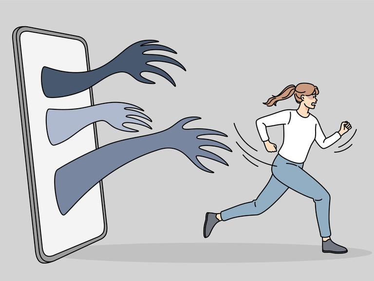 Illustration einer Frau, die vor Händen, die aus einem Smartphone kommen davon rennt.