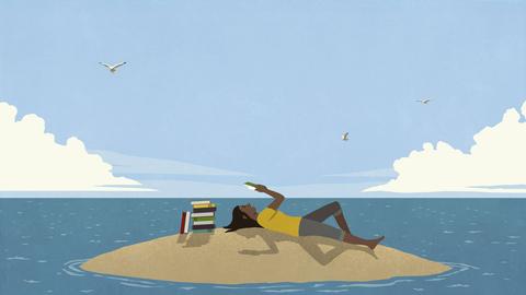 Die Illustration zeigt eine Frau auf einer einsamen kleinen Insel unter blauem Himmel. In den Händen hält sie ein Buch, sie liest. Daneben liegt ein Stapel weiterer Bücher. 