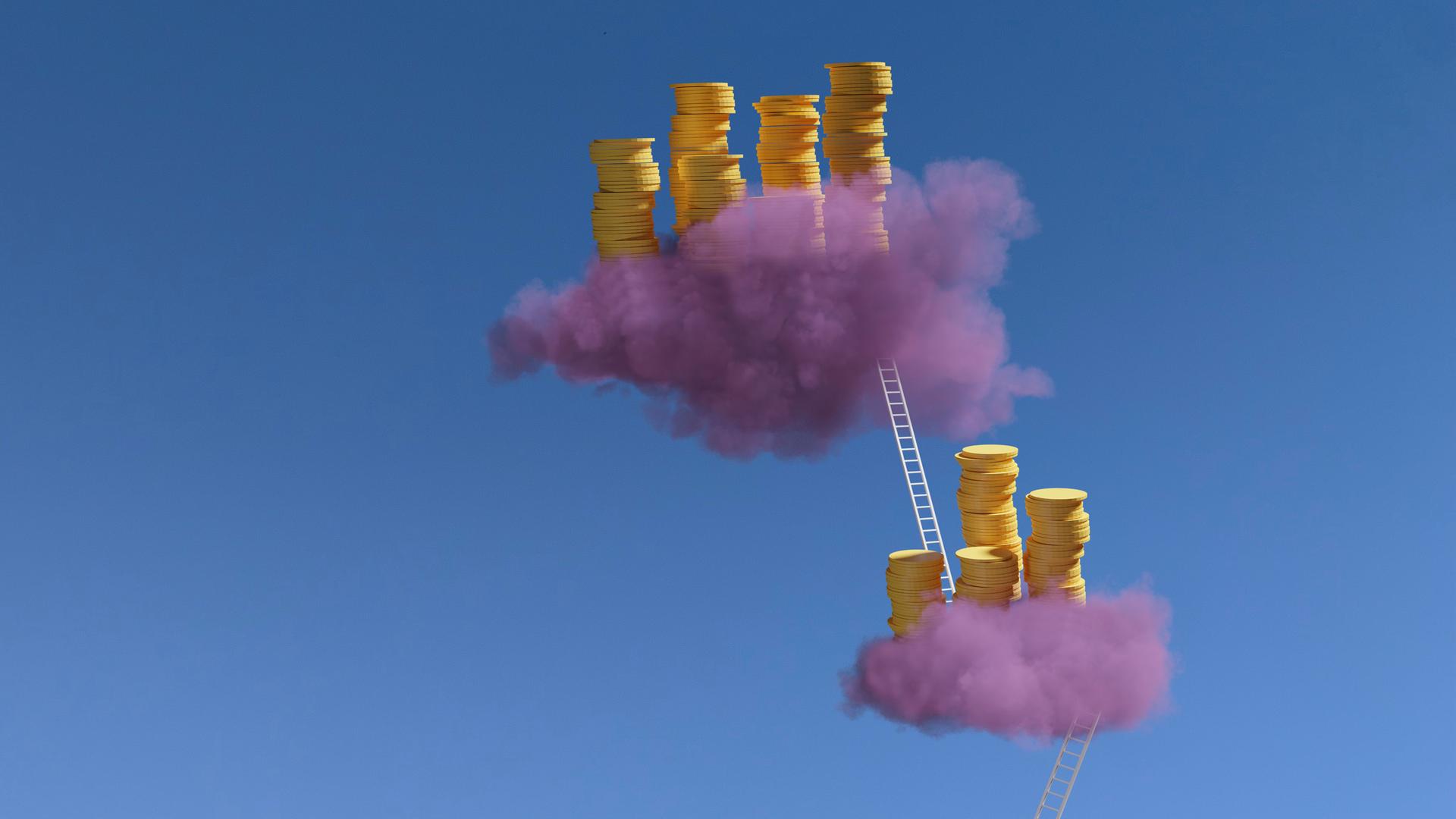 Illustration: Kryptowährungen Geldstapel auf rosa Wolken, die mit Leitern verbunden sind Illustration: Kryptowährungen Geldstapel auf rosa Wolken, die mit Leitern verbunden sind