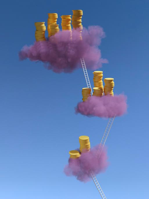 Illustration: Kryptowährungen Geldstapel auf rosa Wolken, die mit Leitern verbunden sind