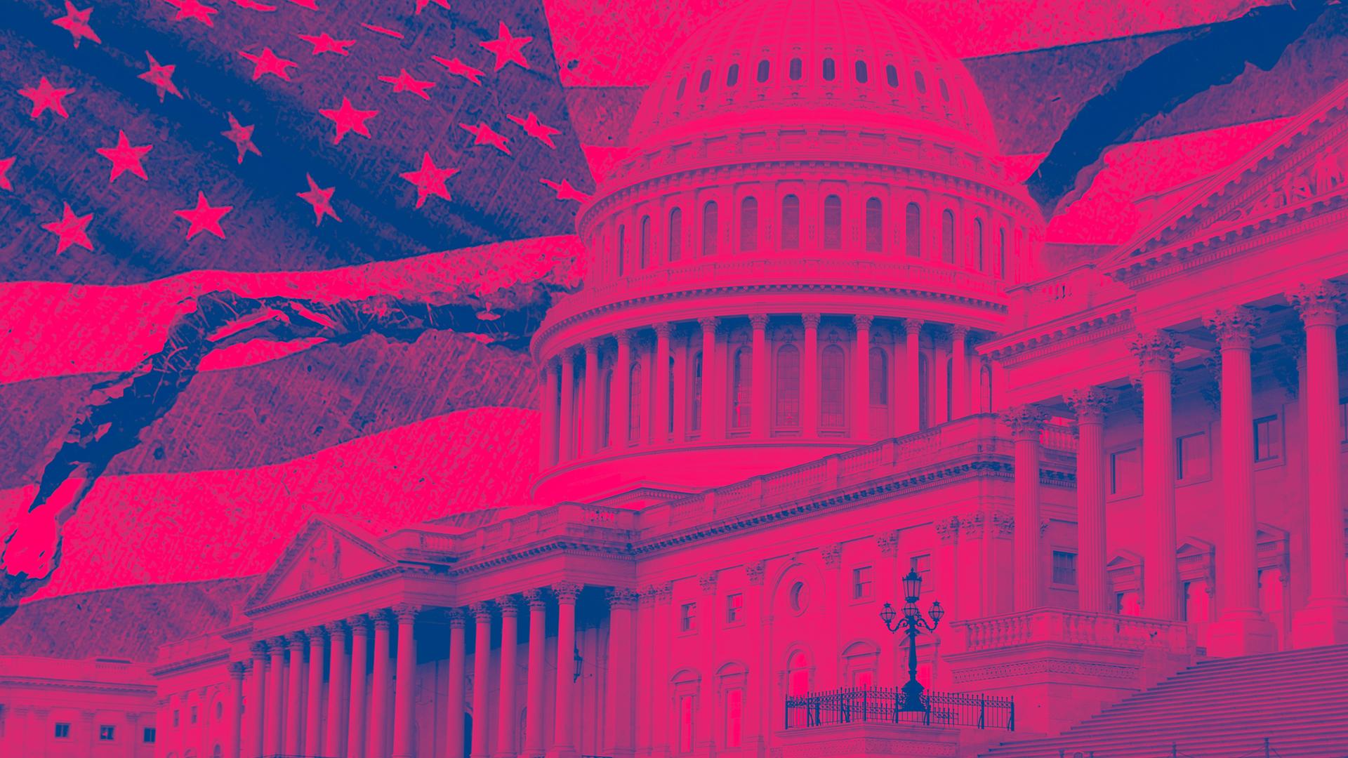 Illustration: Die Flagge der USA und das Kapitol in Washington D.C. in rötlichen Farben.