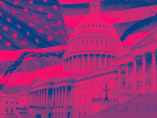Illustration: Die Flagge der USA und das Kapitol in Washington D.C. in rötlichen Farben.