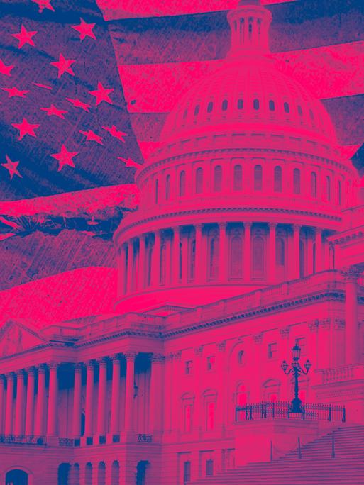 Illustration: Die Flagge der USA und das Kapitol in Washington D.C. in rötlichen Farben.