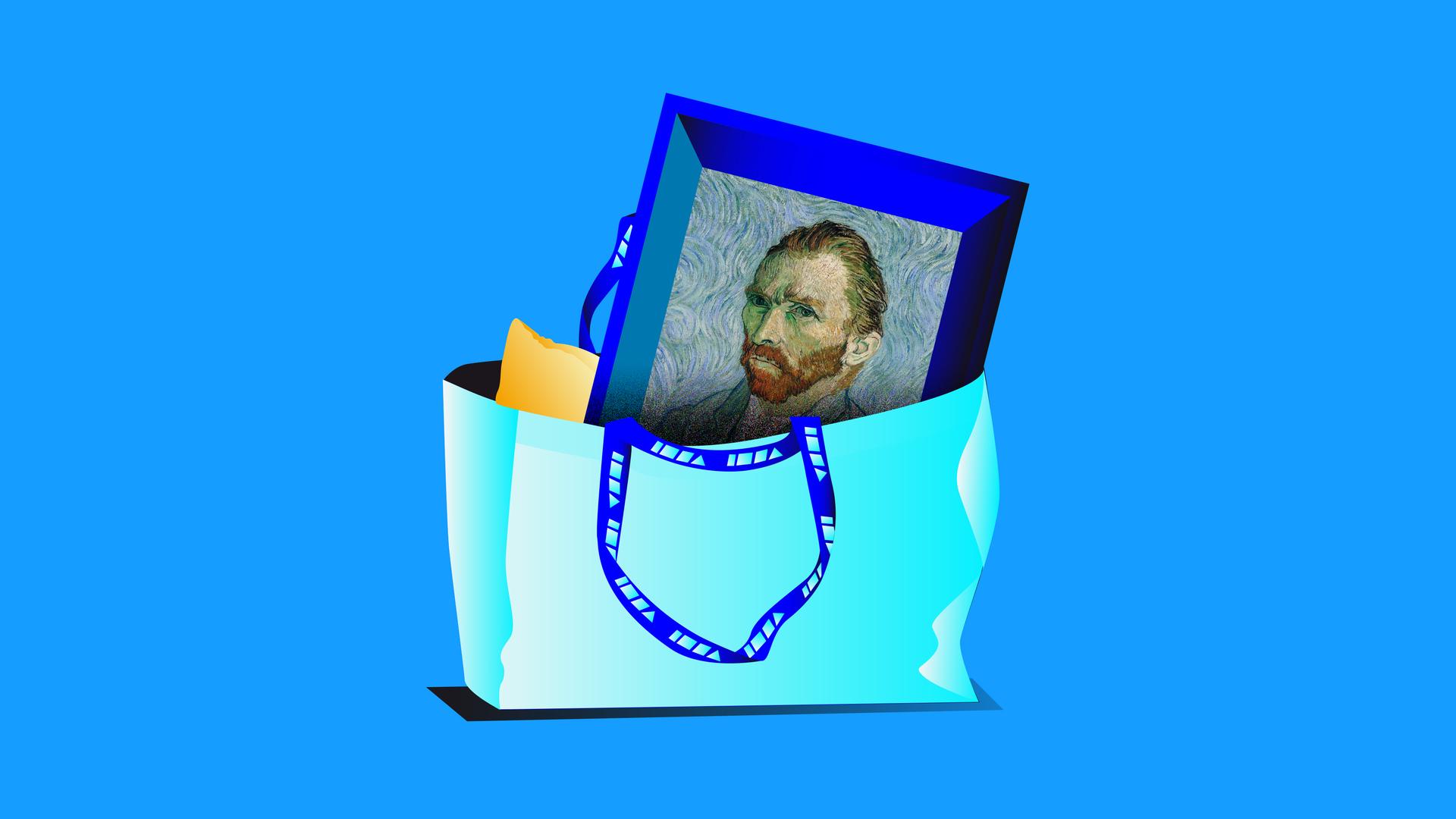 Illustration eines Bilds von Van Gogh, das in einer Tüte liegt