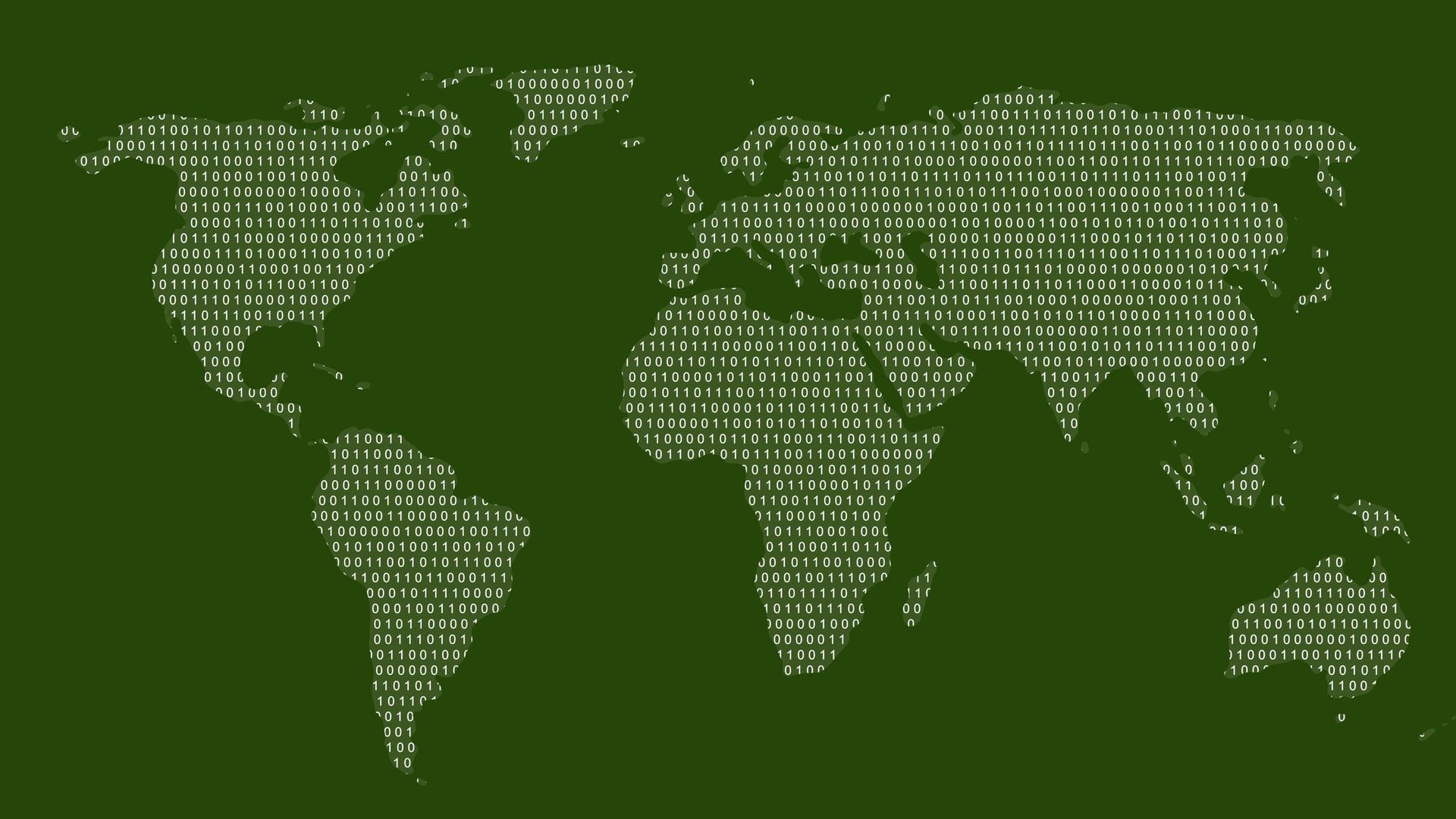 Illustration: Eine Weltkarte aus binären Codes. Nullen und Einsen.