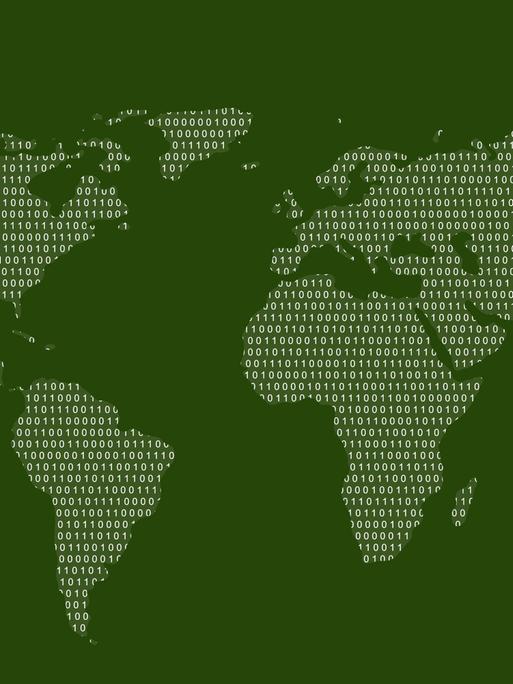 Illustration: Eine Weltkarte aus binären Codes. Nullen und Einsen.