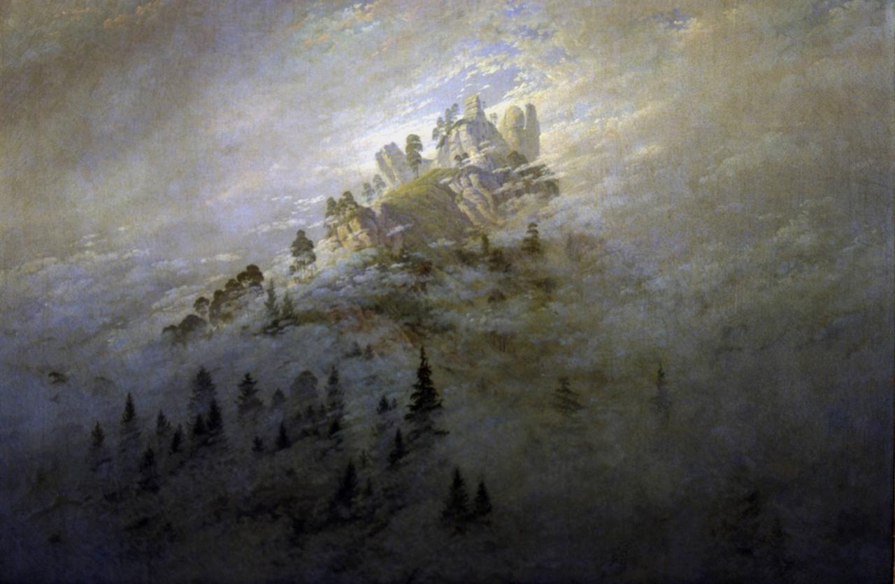Caspar David Friedrichs Gemälde "Morgennebel im Gebirge" zeigt einen bewaldeten Berg im Nebel (Index / Heritage-Images)
