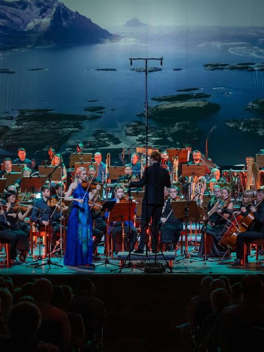 Blick auf das Orchester, das mit Geigerin und Dirigent vor einer Videowand spielt, auf dem arktische Weiten zu sehen sind.