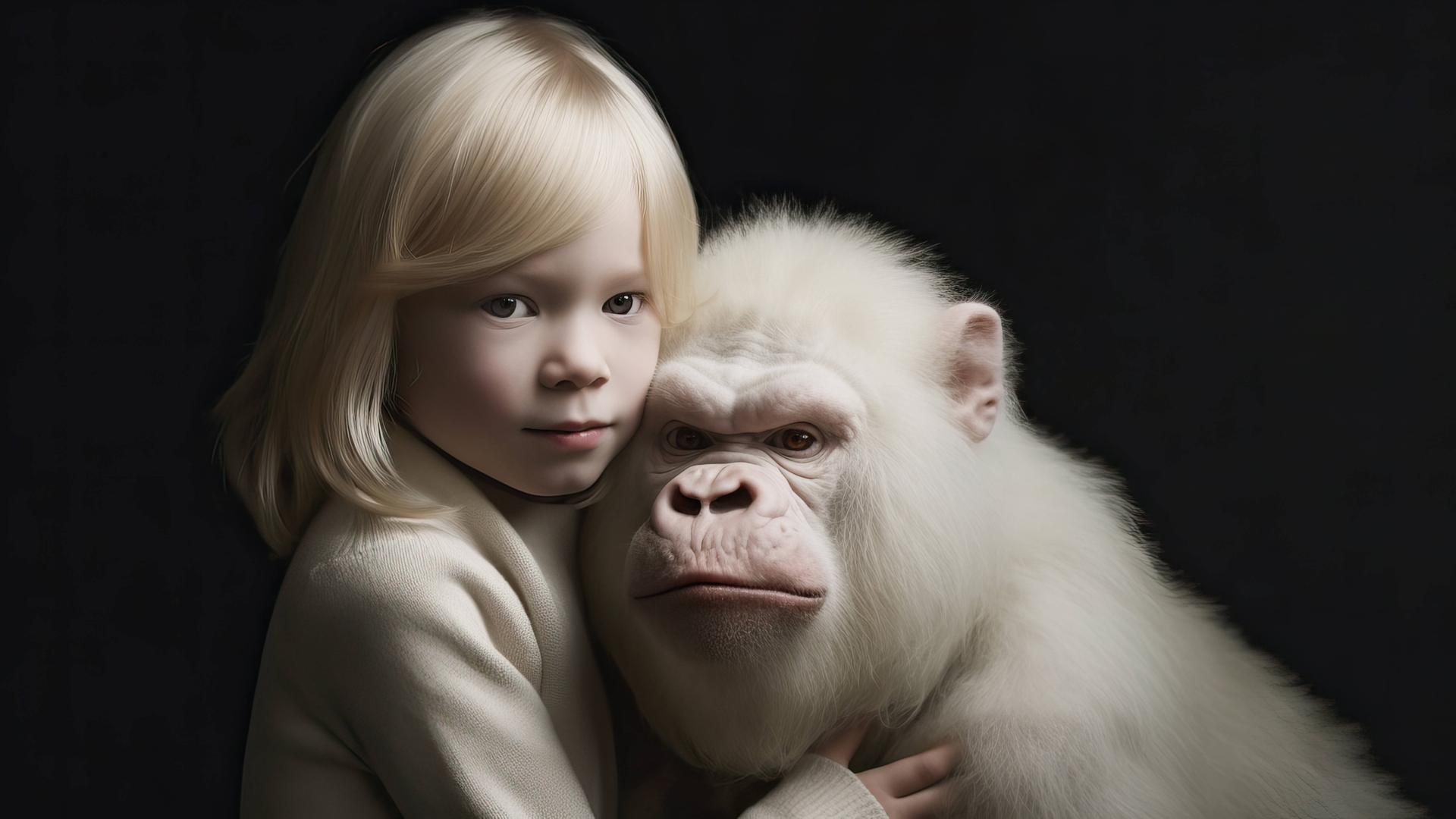 KI-generierte Fotografie eines Mädchen eines Mädchens mit hellen Haaren und einem Affen mit weißem Fell. Das Mädchen hält den Affen im Arm. Der Hintergrund ist dunkel.