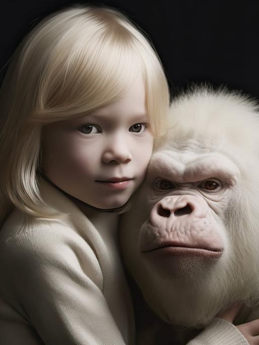 KI-generierte Fotografie eines Mädchen eines Mädchens mit hellen Haaren und einem Affen mit weißem Fell. Das Mädchen hält den Affen im Arm. Der Hintergrund ist dunkel.