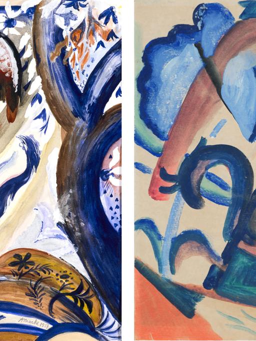Zwei Versionen des Aquarells von August Macke: Nackte Mädchen in der Barke. Die beiden Bilder unterscheiden sich nur im Detail.