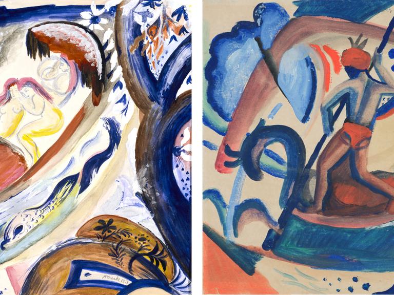 Zwei Versionen des Aquarells von August Macke: Nackte Mädchen in der Barke. Die beiden Bilder unterscheiden sich nur im Detail.