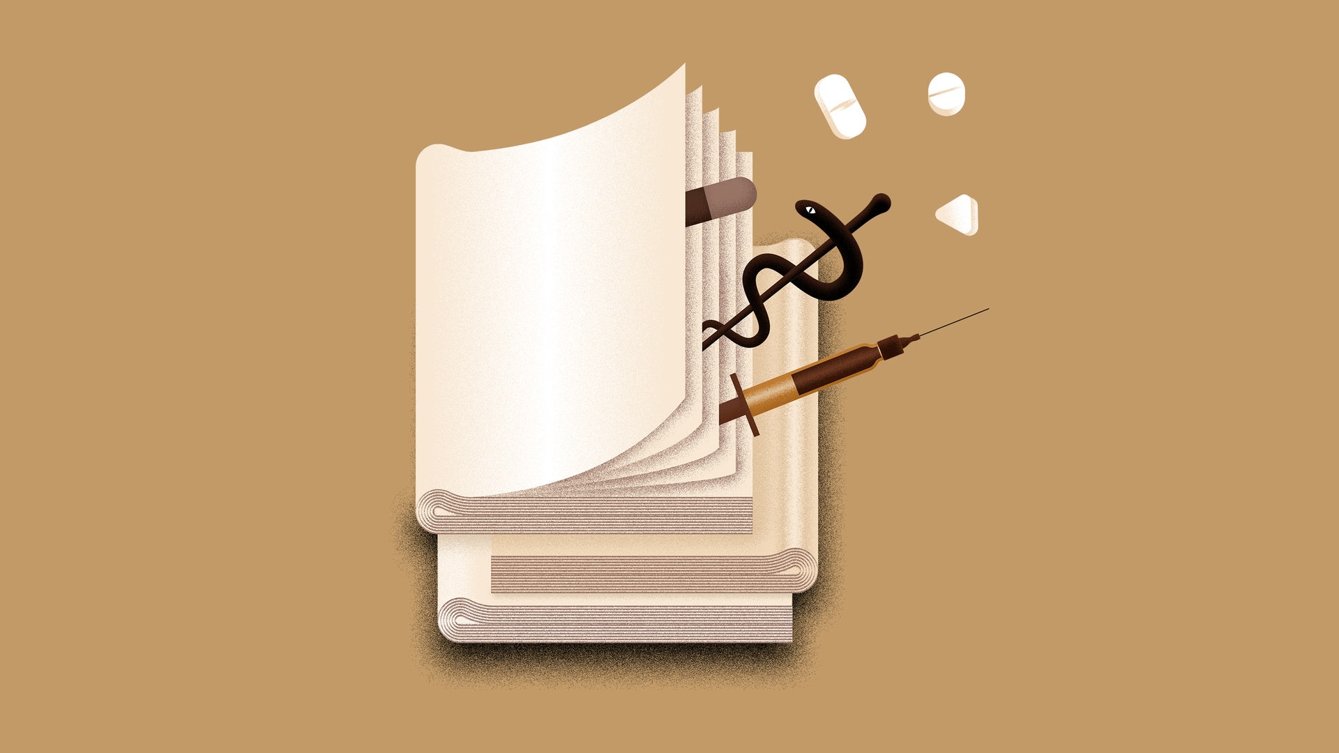 Abstrakte Zeichung eines Aktenstapels, aus dem Pillen, eine Spritze und der Äskulapstab fallen, vor braunem Hintergrund