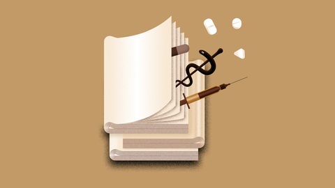 Abstrakte Zeichung eines Aktenstapels, aus dem Pillen, eine Spritze und der Äskulapstab fallen, vor braunem Hintergrund