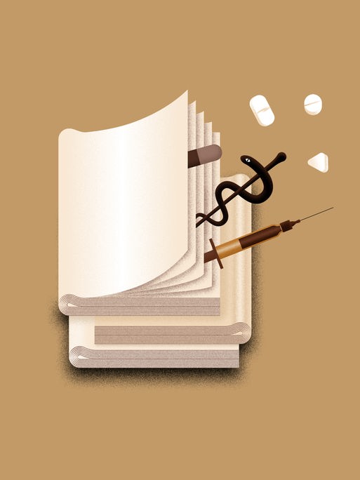 Abstrakte Zeichung eines Aktenstapels, aus dem Pillen, eine Spritze und der Äskulapstab fallen, vor braunem Hintergrund