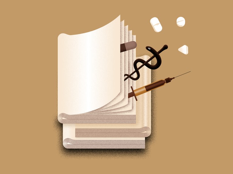 Abstrakte Zeichung eines Aktenstapels, aus dem Pillen, eine Spritze und der Äskulapstab fallen, vor braunem Hintergrund