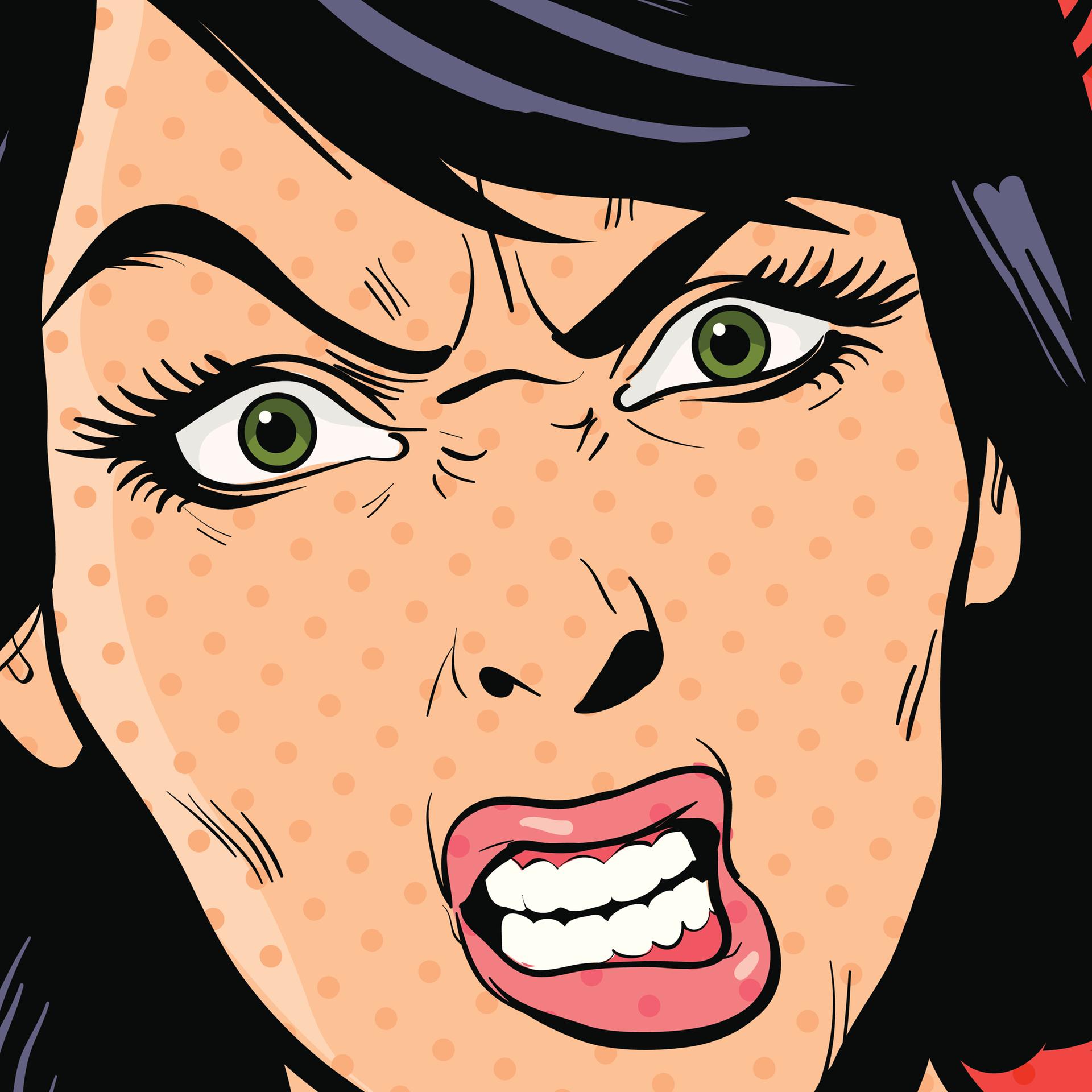 Illustration einer Frau mit einem wütenden Gesicht, im Stile der Pop Art.