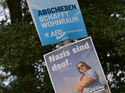 Zwei Wahlplakate hängen übereinander: ein Wahlplakat der AfD mit der Aufschrift "Abschieben schafft Wohnraum - AfD", darunter ein Plakat mit der Aufschrift "Nazis raus" von Die Partei.