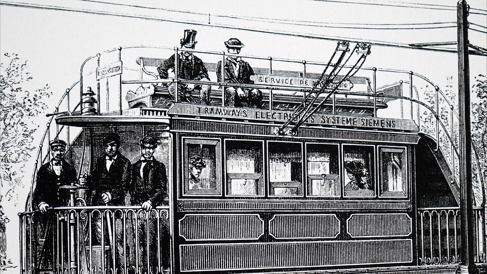 Die Firma "Siemens & Halske" war auch an der Entwicklung der Elektromobilität beteiligt - Illustration der elektrischen Eisenbahn, die Siemens und Halske auf der Elektrizitätsausstellung 1881 in Paris vorführten.
