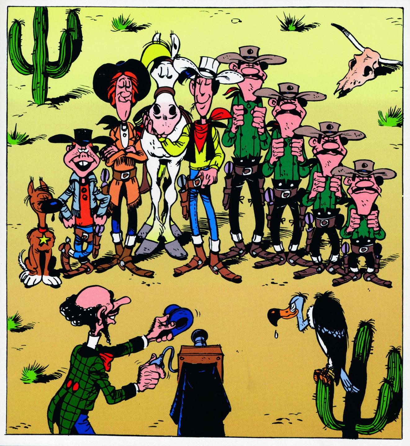 Auf diesem Comicbild sind verschiedene Figuren zu einem Gruppenfoto drapiert: Lucky Luke, Jolly Jumper, Rantanplan, die Daltons, Calamity Jane und Billy the Kid.