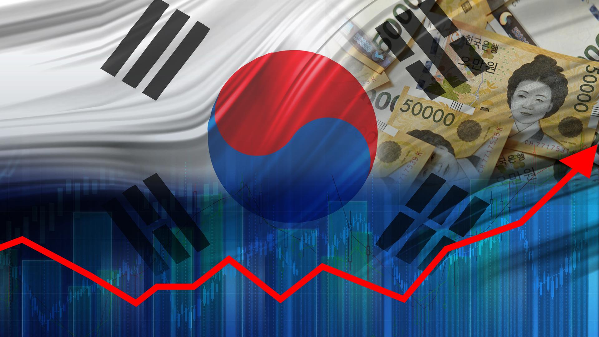 Eine symbolische Grafik zeigt die südkoreanische Fahne, die südkoreanische Währung und einen Pfeil, der sich von links nach rechts aufwärts schlängelt.