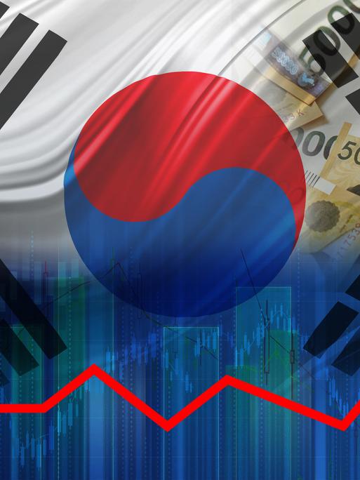 Eine symbolische Grafik zeigt die südkoreanische Fahne, die südkoreanische Währung und einen Pfeil, der sich von links nach rechts aufwärts schlängelt.