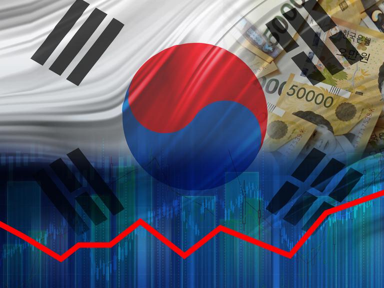 Eine symbolische Grafik zeigt die südkoreanische Fahne, die südkoreanische Währung und einen Pfeil, der sich von links nach rechts aufwärts schlängelt.