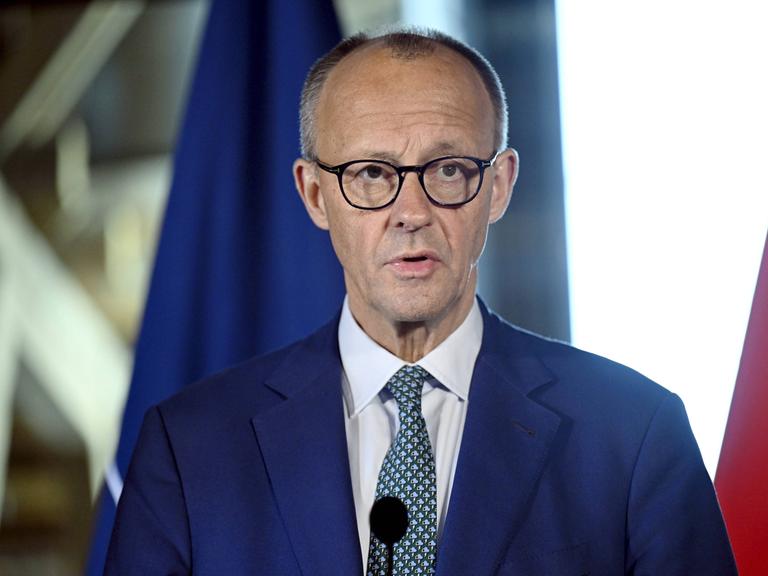 Friedrich Merz spricht bei einer Pressekonferenz in ein Mikrofon.