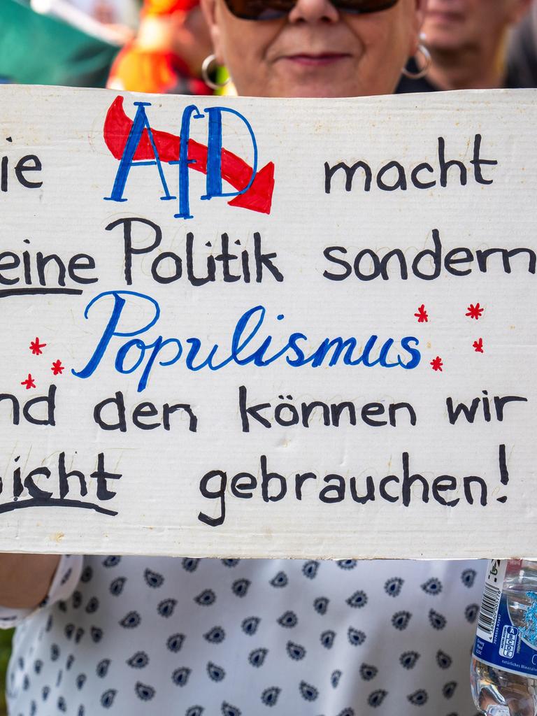 Eine Frau hält auf einer Demonstration ein Plakat in den Händen, auf dem steht: "Die AfD macht keine Politik sondern Populismus."