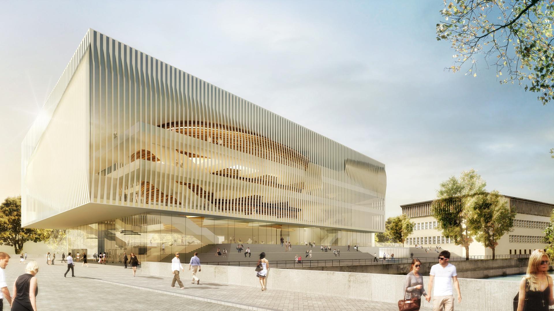 Die 3D-Grafik zeigt einen Entwurf für einen möglichen Neubau eines Konzertsaals auf der Münchner Museumsinsel neben dem Deutschen Museum. 