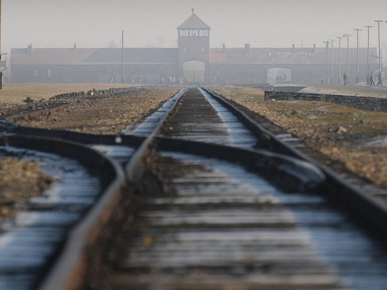 Stillgelegte Bahnschienen führen auf das Hauptgebäude von Auschwitz-Birkenau zu. Das Gebäude liegt im Nebel.