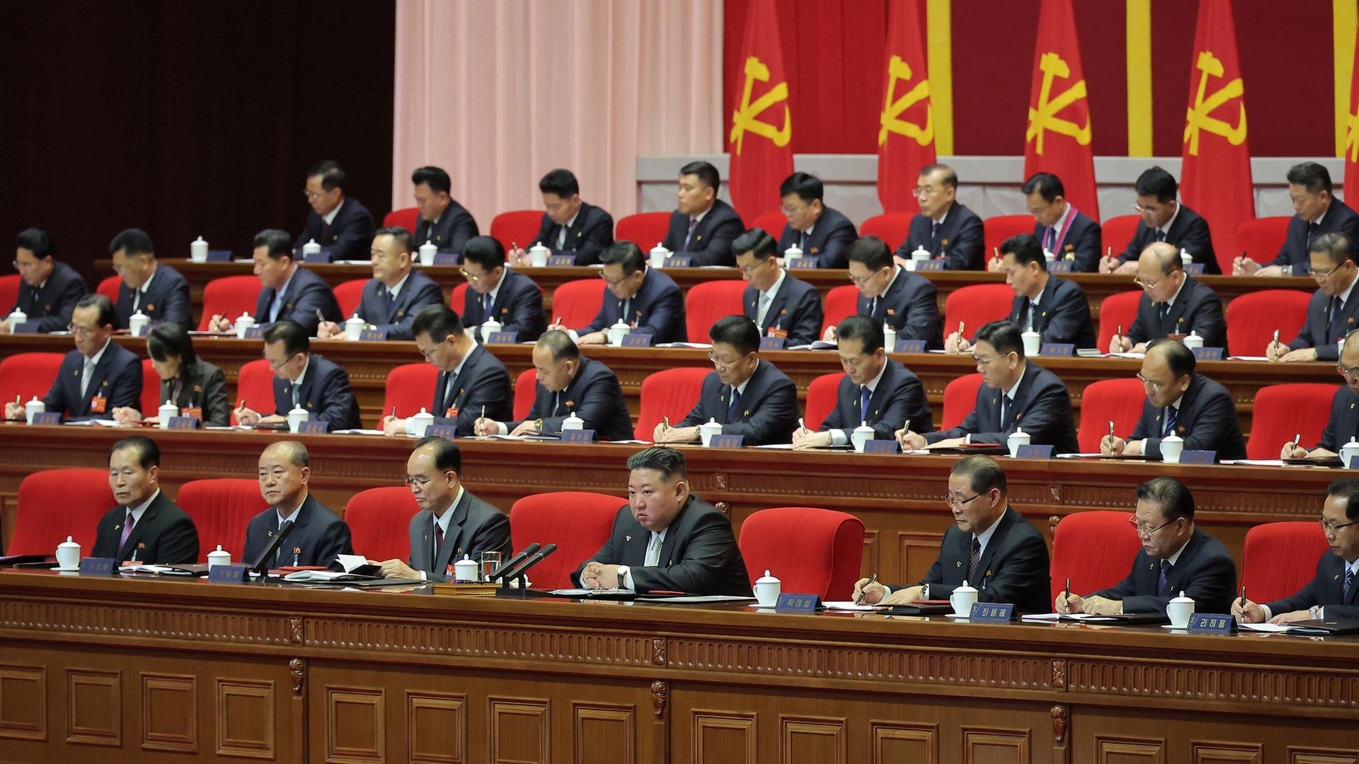 Parteikader beim Parteitag in Nordkorea, in der Mitte Kim Jong Un