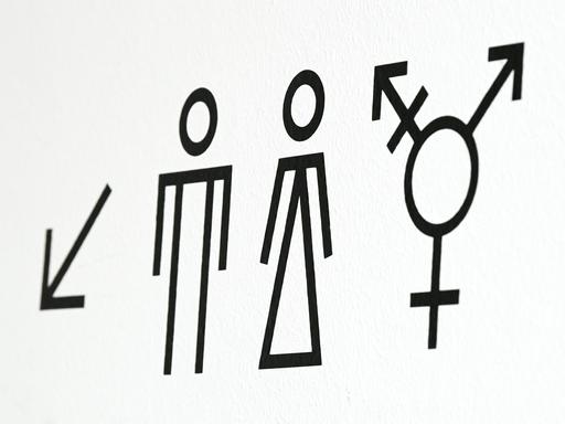 Ein Piktogramm für Unisex-Toiletten, das auf die Geschlechter Männer, Frauen und Allgender/Transgender hinweist