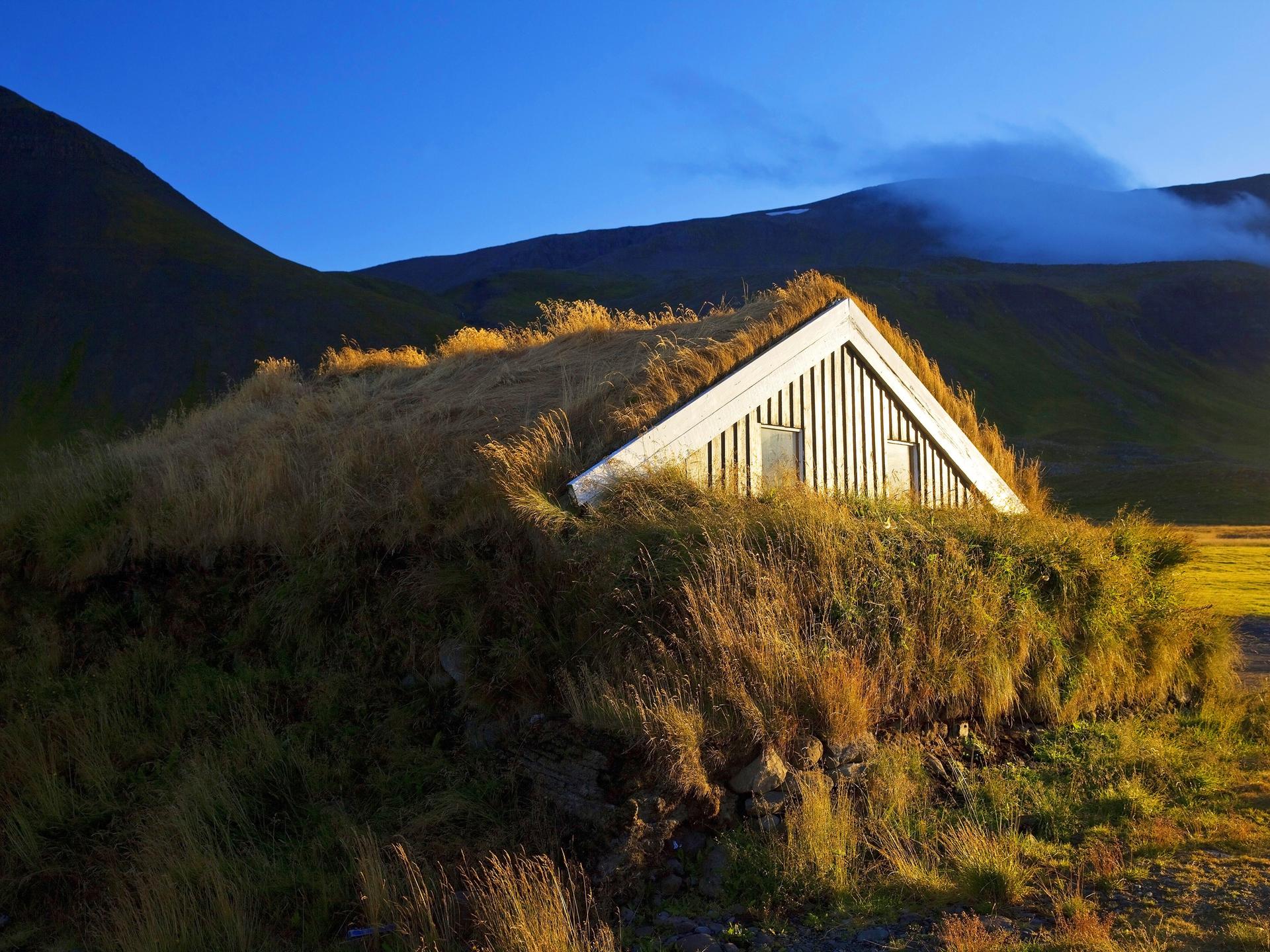 Ein Holzhaus mit Grassodendach in Island im Abendlicht.