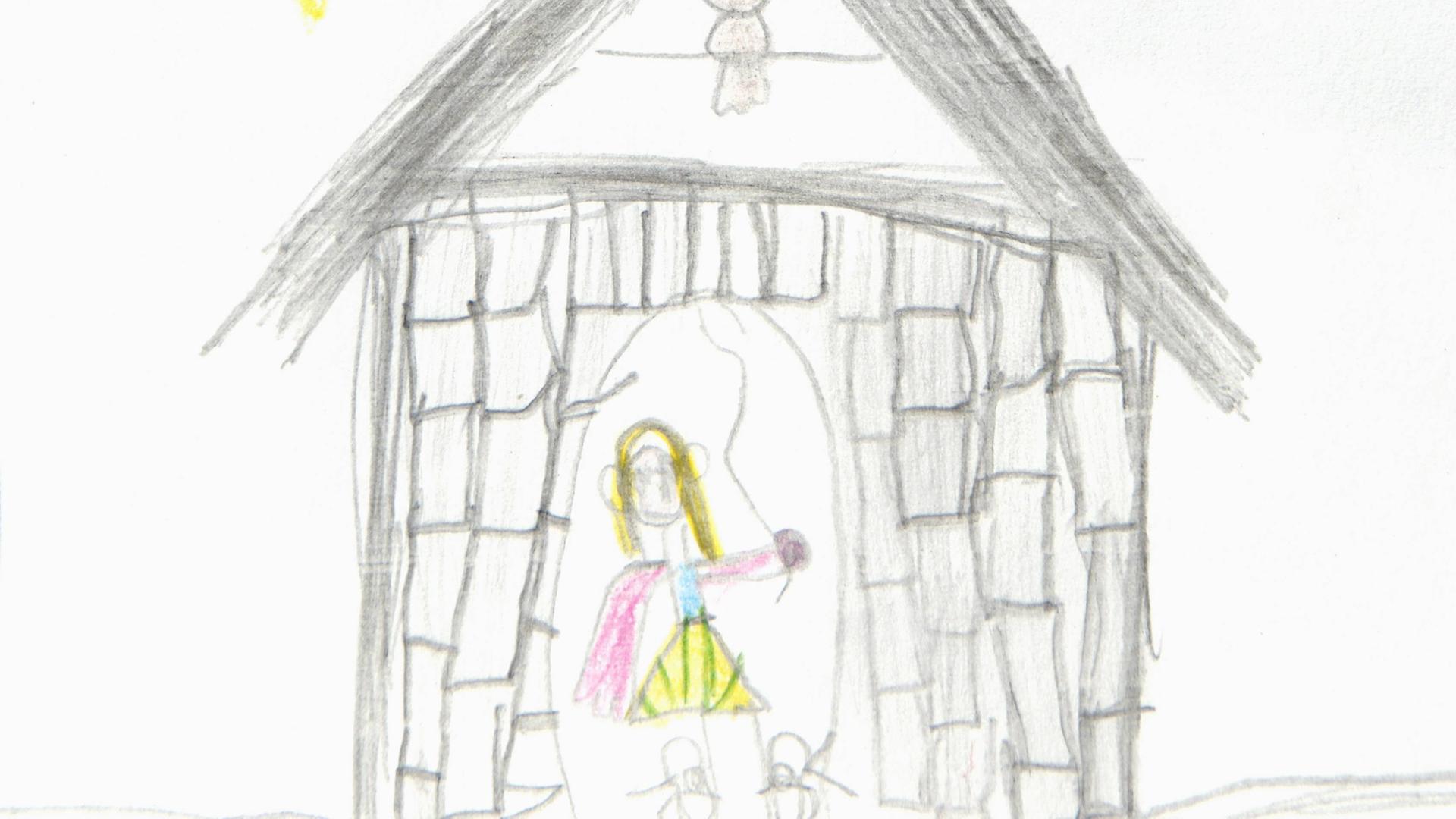 Kinderzeichnung der Märchenfigur "Frau Holle" in einem Turm.