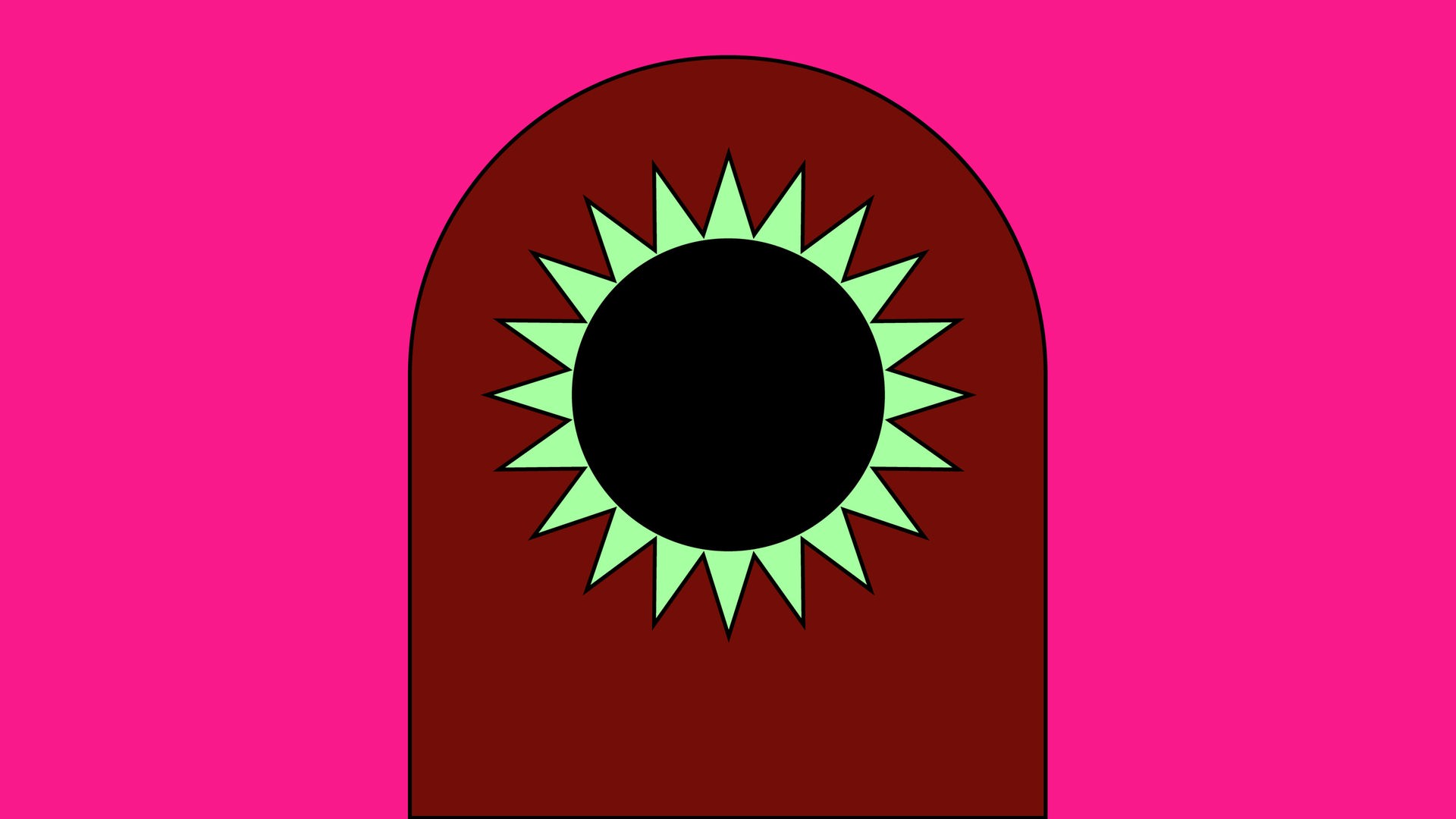 Die Grafik zeigt eine grüne Sonne mit schwarzem Kreis auf einem braunem, halbrunden Halbkreis auf einem pinken Rechteck.