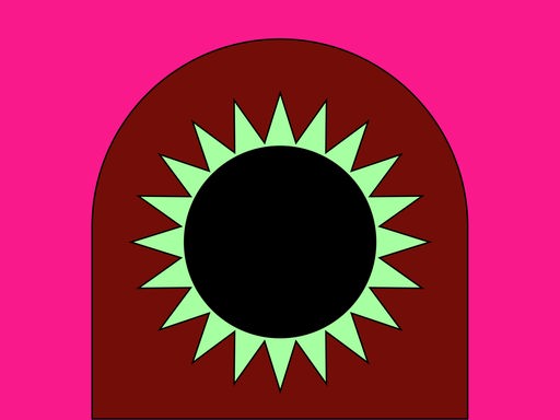 Die Grafik zeigt eine grüne Sonne mit schwarzem Kreis auf einem braunem, halbrunden Halbkreis auf einem pinken Rechteck. Die Grafik zeigt eine grüne Sonne mit schwarzem Kreis auf einem braunem, halbrunden Halbkreis auf einem pinken Rechteck.