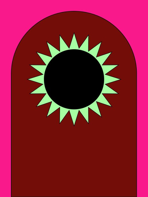 Die Grafik zeigt eine grüne Sonne mit schwarzem Kreis auf einem braunem, halbrunden Halbkreis auf einem pinken Rechteck. Die Grafik zeigt eine grüne Sonne mit schwarzem Kreis auf einem braunem, halbrunden Halbkreis auf einem pinken Rechteck.