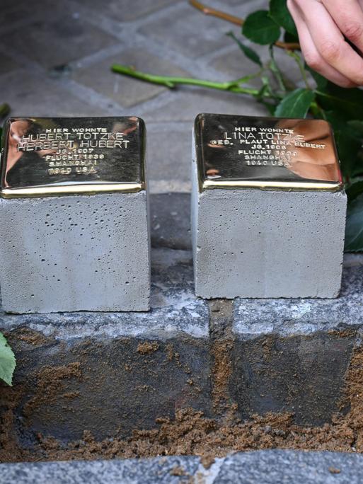 Zwei neue Stolpersteine werden in Kopfsteinpflaster verlegt. Zwei neue Stolpersteine werden in Kopfsteinpflaster verlegt.