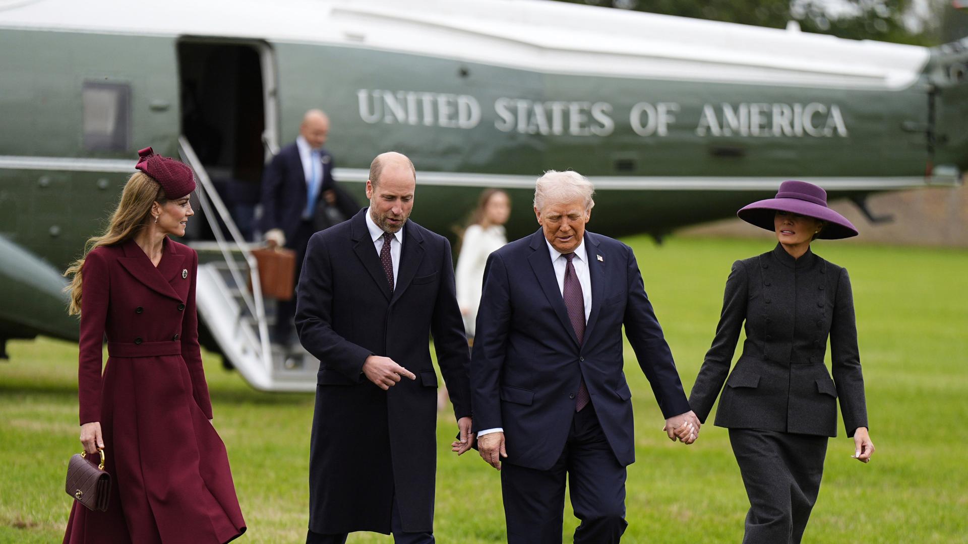 Der britische Prinz William und Kate, Prinzessin von Wales (links), empfangen Präsident Donald Trump und First Lady Melania Trump auf Schloss Windsor