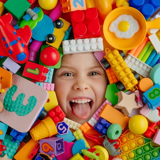 Gesicht eines lachenden Kindes  - von Lego- und anderen Bausteinen umgeben