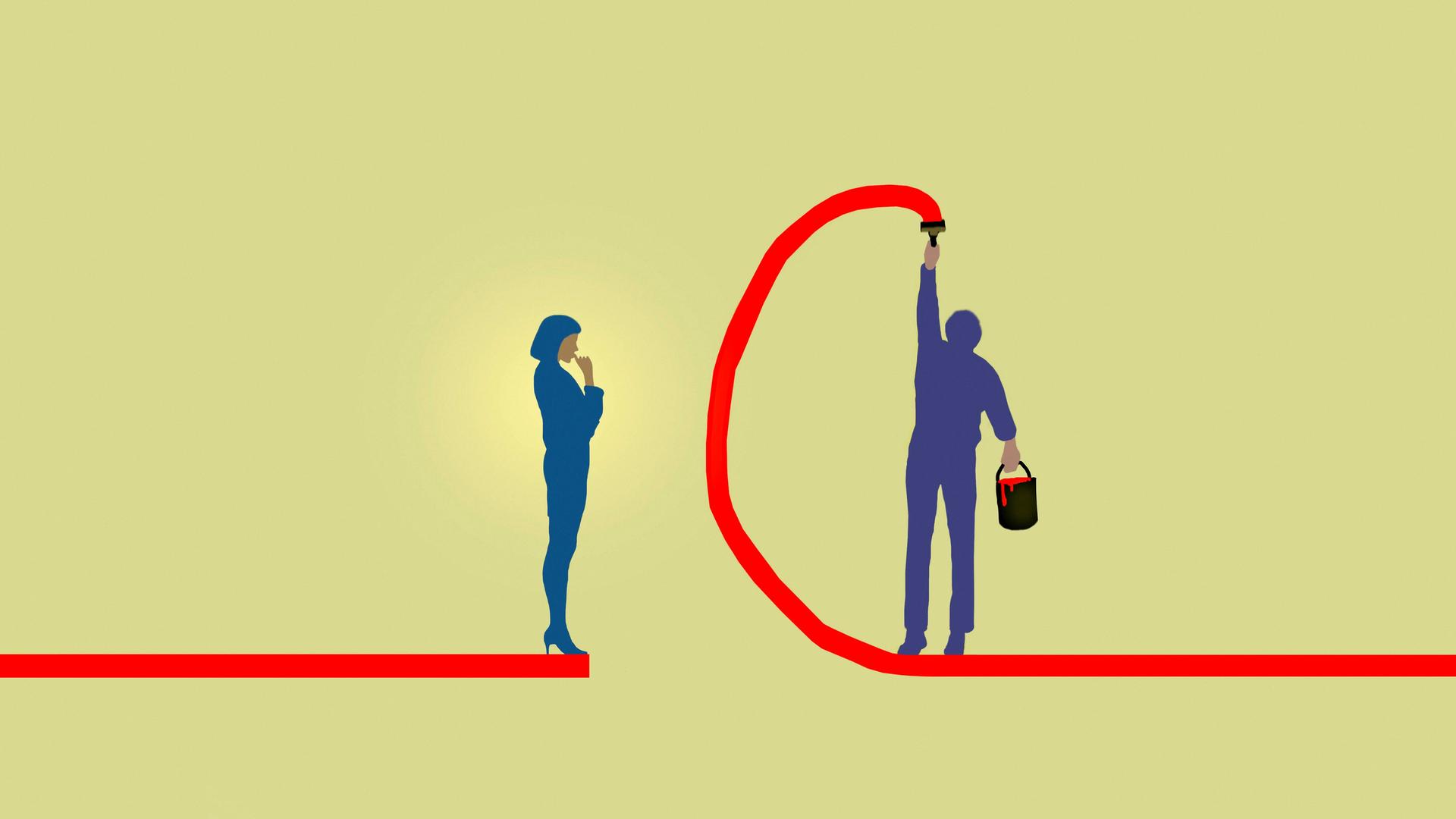Eine Illustration zeigt einen Mann, der eine rote Linie malt, um eine Frau auszuschließen. 