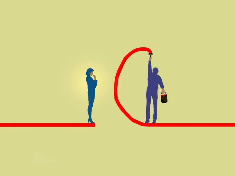 Eine Illustration zeigt einen Mann, der eine rote Linie malt, um eine Frau auszuschließen. 
