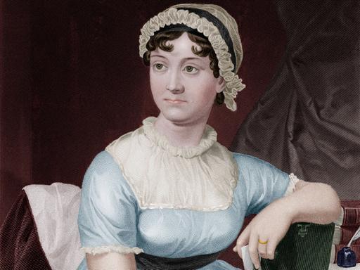 Ein Porträt zeigt die Autorin Jane Austen, sie trägt ein hellblaues Kleid und eine Weiße Haube und sitzt mit einem Buch in den Händen an einem Schreibtisch. Ein Porträt zeigt die Autorin Jane Austen, sie trägt ein hellblaues Kleid und eine Weiße Haube und sitzt mit einem Buch in den Händen an einem Schreibtisch.