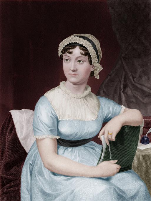 Ein Porträt zeigt die Autorin Jane Austen, sie trägt ein hellblaues Kleid und eine Weiße Haube und sitzt mit einem Buch in den Händen an einem Schreibtisch.