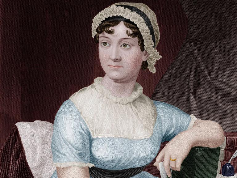 Ein Porträt zeigt die Autorin Jane Austen, sie trägt ein hellblaues Kleid und eine Weiße Haube und sitzt mit einem Buch in den Händen an einem Schreibtisch.