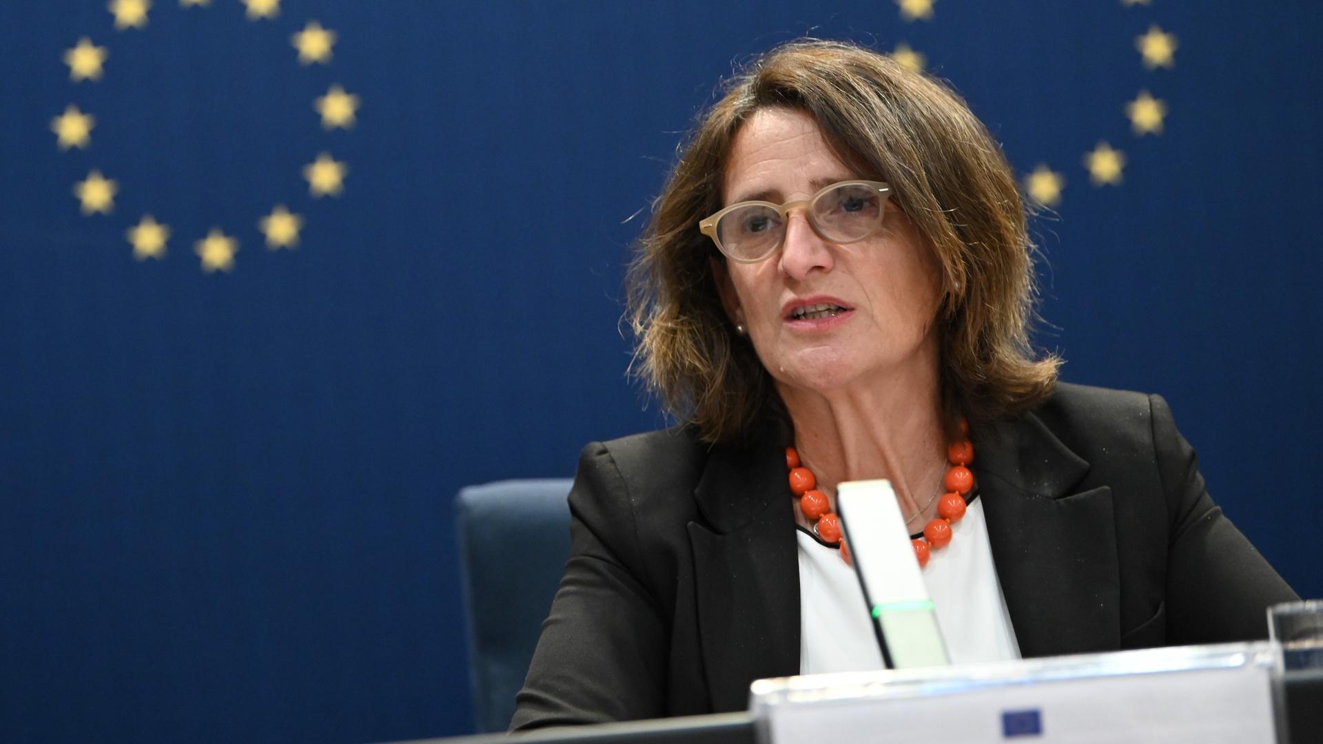 Teresa Ribera, EU-Kommissarin für Wettbewerbspolitik und grünen Wandel sowie Vize-Kommissionspräsidentin, spricht vor Journalisten. Teresa Ribera, EU-Kommissarin für Wettbewerbspolitik und grünen Wandel sowie Vize-Kommissionspräsidentin, spricht vor Journalisten.