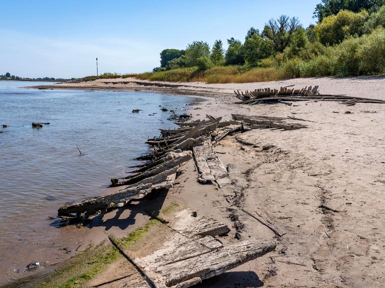 Das extreme Niedrigwasser im Rhein lässt viele, sonst überflutete Gegenstände auftauchen, hier das Wrack der De Hoop, eines hölzernen Plattboden Segelschiffs bei Emmerich, das 1895, nach einer Explosion von geladenen Dynamit sank.