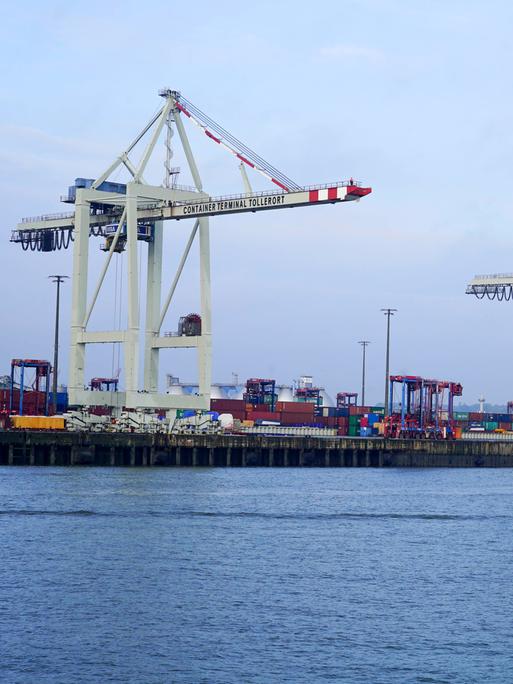 Ein chinesisches Cosco-Schiff liegt am Terminal Tollerort im Hamburger Hafen. Außerdem sind Hafenkräne zu sehen. Die Beteiligung von China am Hamburger Hafen am HALA Tollerort Terminal ist umstritten.