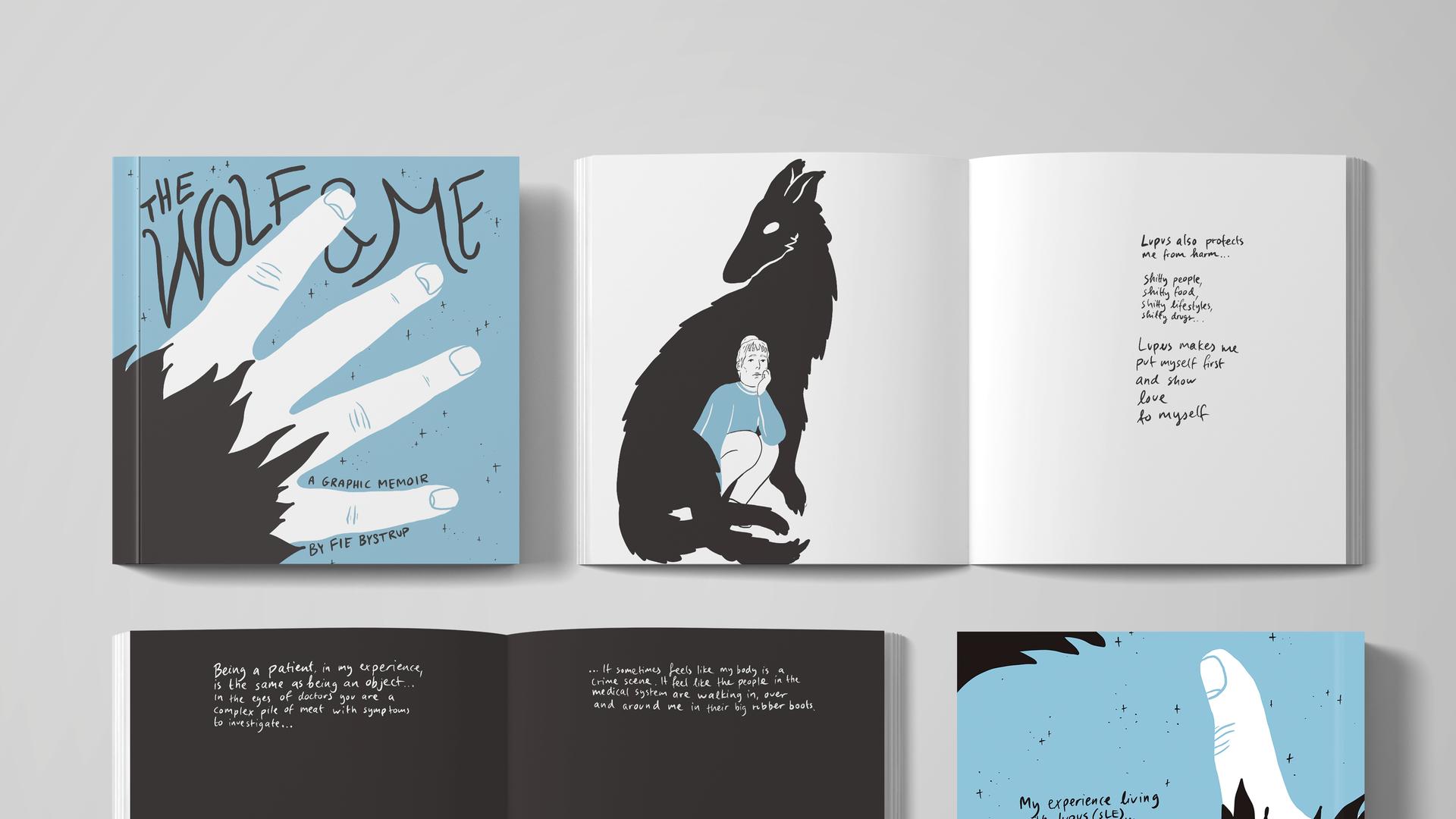 Die Fotografie zeigt den Titel und einige Doppelseiten aus der Graphic Novel "The Wolf and me", unter anderem eine junge Frau, die von der Silhouette eines Wolfes umschlungen wird. Die Fotografie zeigt den Titel und einige Doppelseiten aus der Graphic Novel "The Wolf and me", unter anderem eine junge Frau, die von der Silhouette eines Wolfes umschlungen wird.